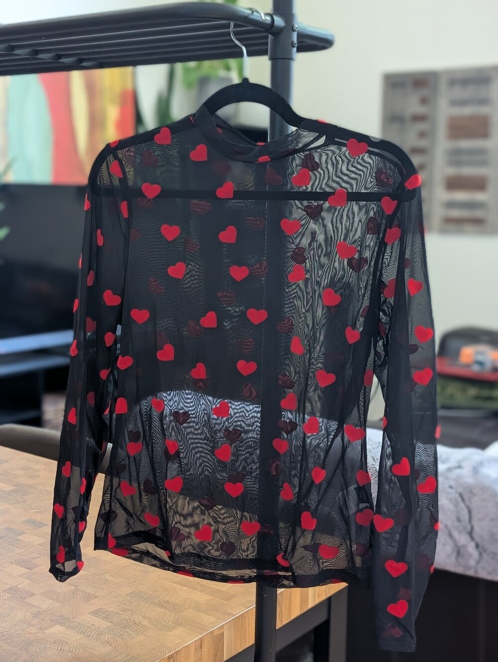 Black mesh top with red velvet hearts